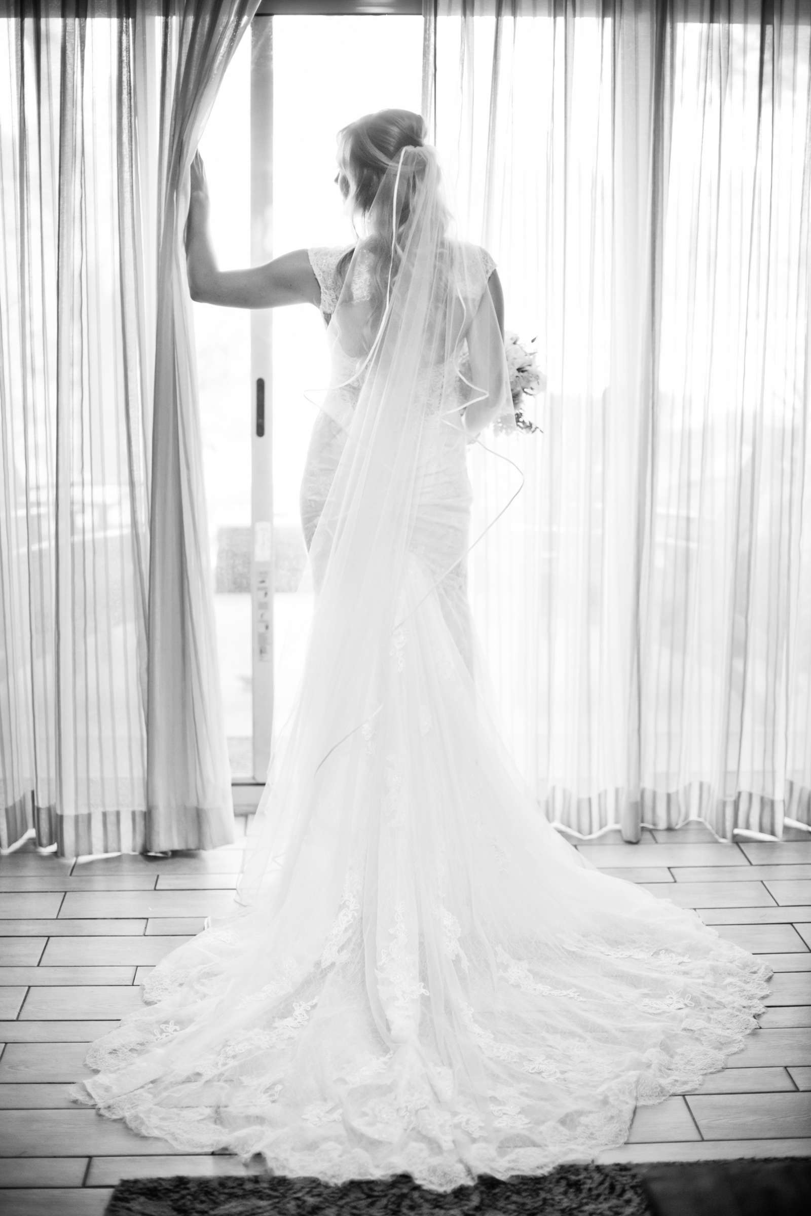Wedding Dress, Black and White photo at Temecula Creek Inn Wedding coordinated by Emily Smiley, Katie and John Wedding Photo #31 by True Photography